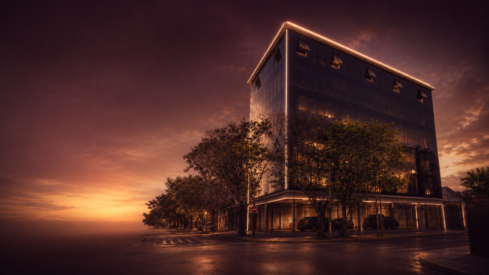 Edificio del estudio Abogados R&E en Berazategui al atardecer